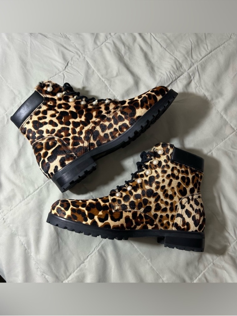 Jack Rogers Peyton Pearl Leopard Print, Calf Hair, Lace-Up Boots, Women’s 7.5